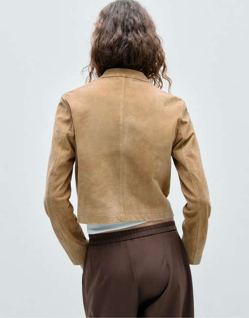 Stradivarius – Motorradjacke 100% Leder in Steinbeige, 4 von 4