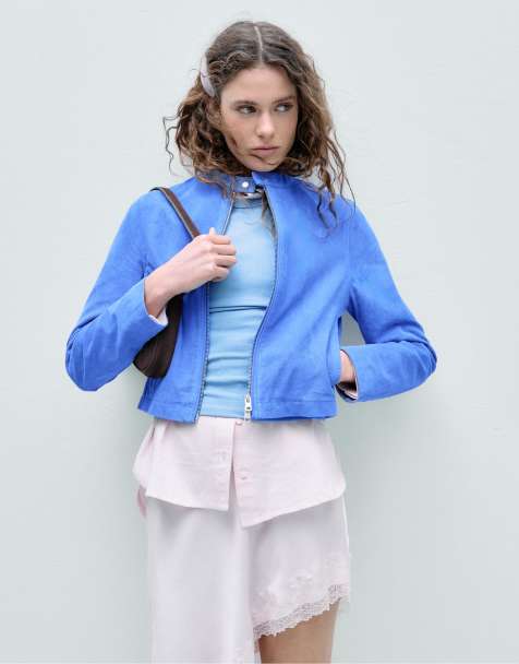 Stradivarius – Motorradjacke aus 100% Leder in Königsblau - view 1