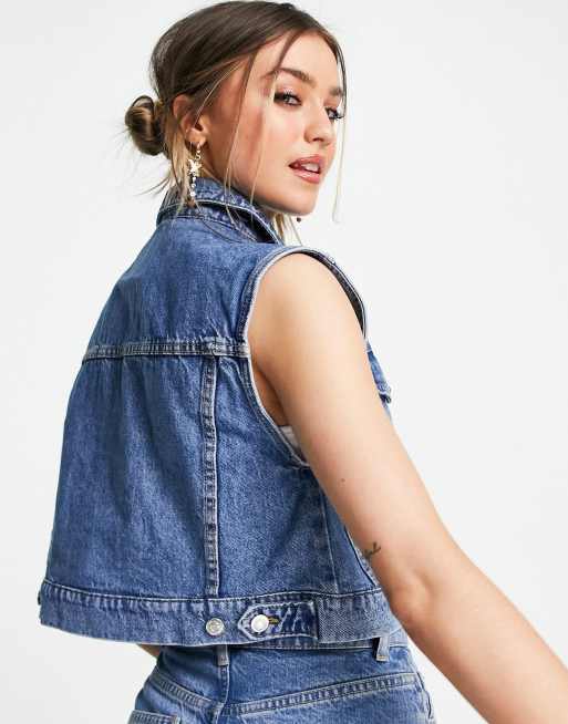 Stradivarius - Mouwloos cropped denim jack van katoen in blauw - MBLUE, 2 van 4