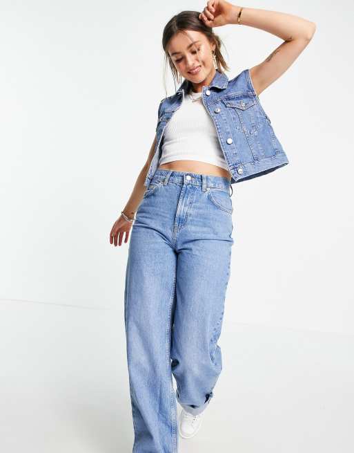 Stradivarius - Mouwloos cropped denim jack van katoen in blauw - MBLUE, 4 van 4