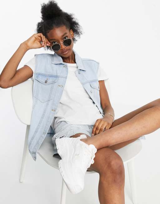 Stradivarius - Mouwloos denim jack van katoen in medium wassing - MBLUE
