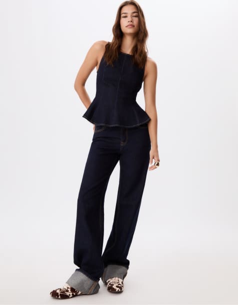 Stradivarius - Mouwloze peplum top in overdyed blauw denim - view 1