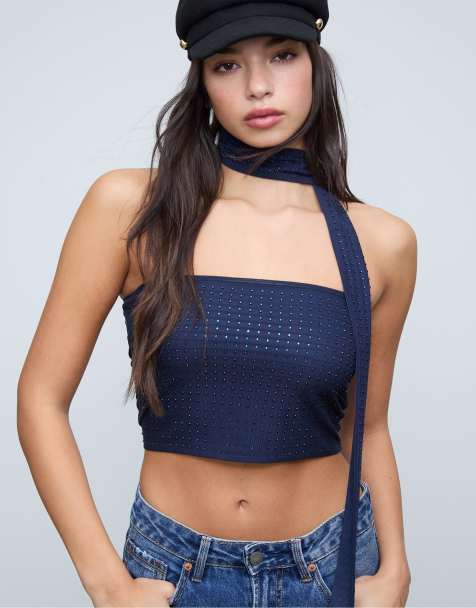 Stradivarius - Mørkeblå bandeau-top med rhinsten og tørklædedetalje - view 1