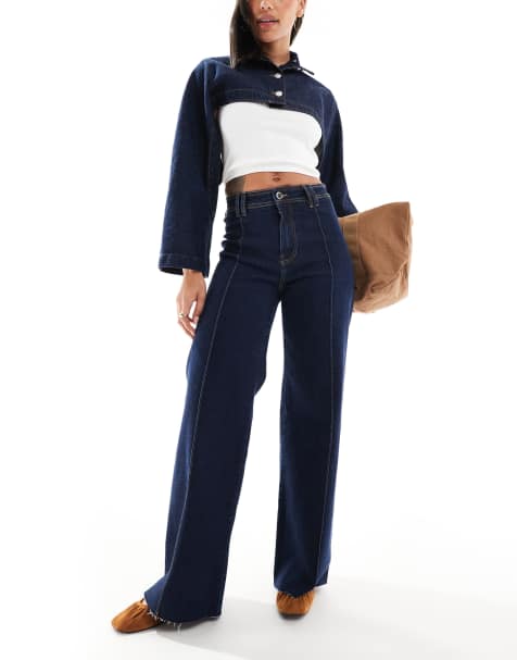 Stradivarius - Mørkeblå minimalistiske jeans med sømdetaljer - view 1