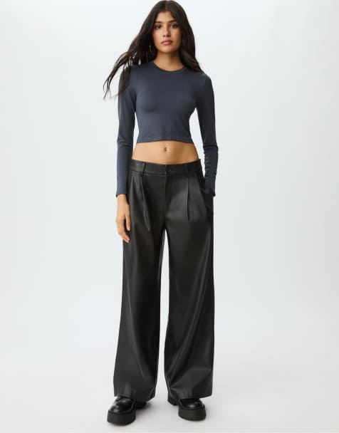 Stradivarius - Mørkegrå cropped basis-T-shirt - view 1