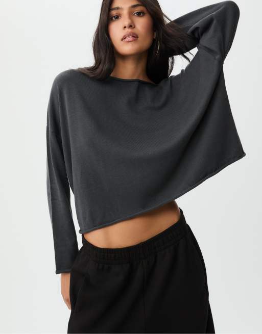 Stradivarius - Mørkegrå og cropped sweater med bådudskæring, 2 af 4