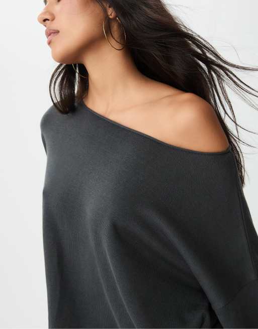 Stradivarius - Mørkegrå og cropped sweater med bådudskæring, 4 af 4