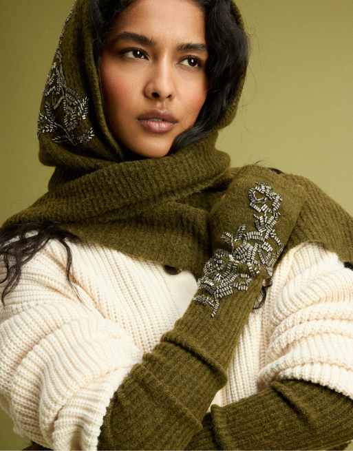 Stradivarius muffole con perline in kaki, 2 di 4
