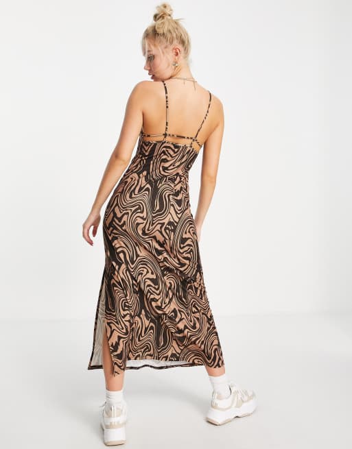 Stradivarius - Multifarvet midi slip-kjole i retrostil, 2 af 4