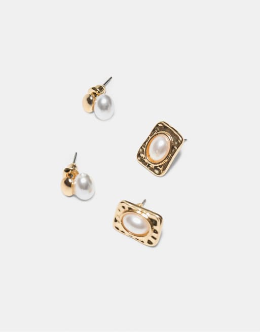 Stradivarius Multipack of 5 faux pearl earrings in gold, 4 of 4