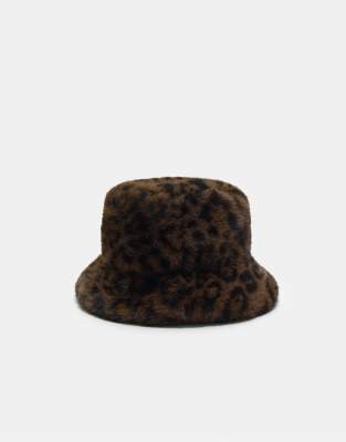 Stradivarius - Mütze aus Kunstpelz in Braun mit Leopardenmuster-Brown
