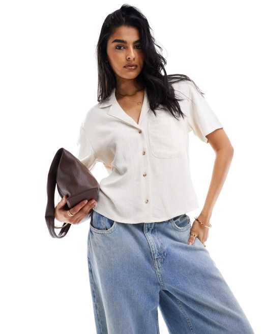 Stradivarius – Naturfärgad kortärmad linneskjorta med boxig passform 