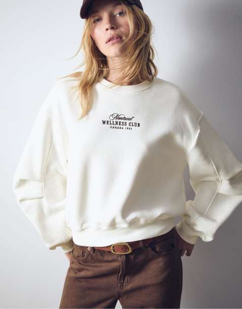 Stradivarius – Naturvit, broderad sweatshirt med kantrand på ärmen - view 1