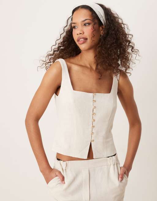 Stradivarius – Naturvit, figursydd kostymväst i linnelook med fyrkantig halsringning