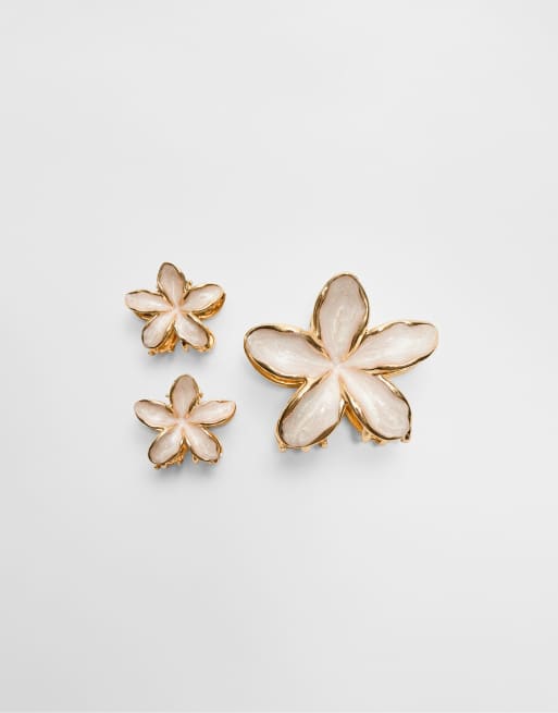 Stradivarius – Naturvit hårklämma med blomdesign, 3-pack, 2 av 3
