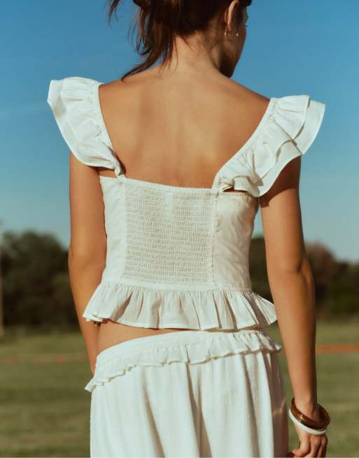 Stradivarius – Naturvit korsettinspirerad topp med volang, 4 av 4