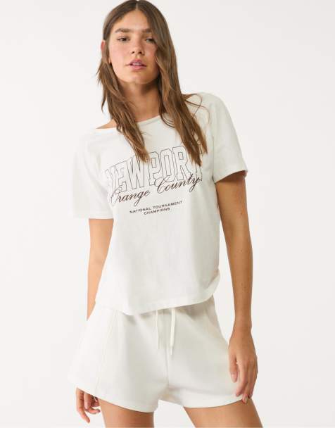 Stradivarius – Naturvit, kortärmad t-shirt med Newport-tryck - view 1