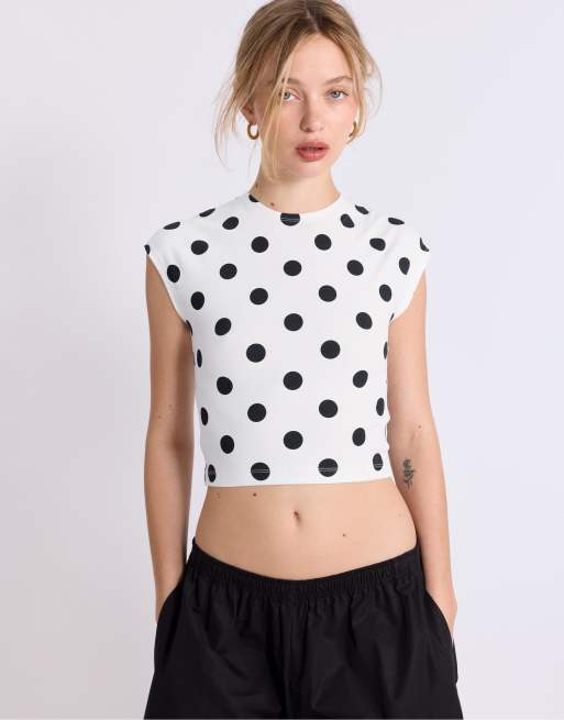 Stradivarius – Naturvit, prickig t-shirt med holkärmar, 2 av 4