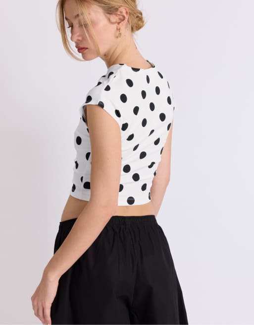 Stradivarius – Naturvit, prickig t-shirt med holkärmar, 3 av 4