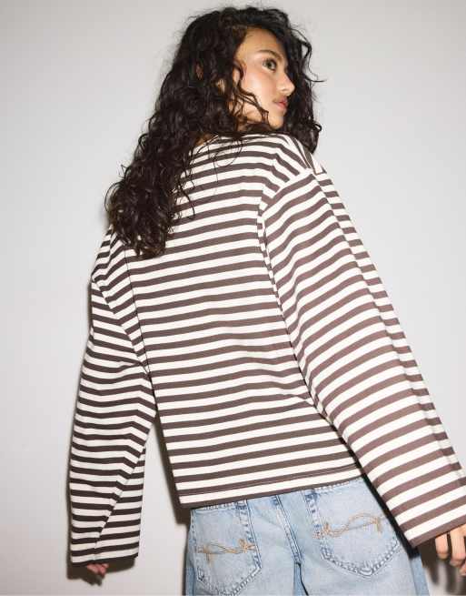 Stradivarius – Naturvit, randig t-shirt i oversized fit med långa ärmar, 3 av 6
