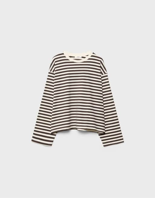 Stradivarius – Naturvit, randig t-shirt i oversized fit med långa ärmar, 5 av 6