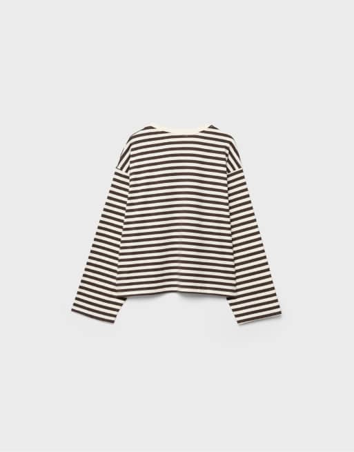 Stradivarius – Naturvit, randig t-shirt i oversized fit med långa ärmar, 6 av 6