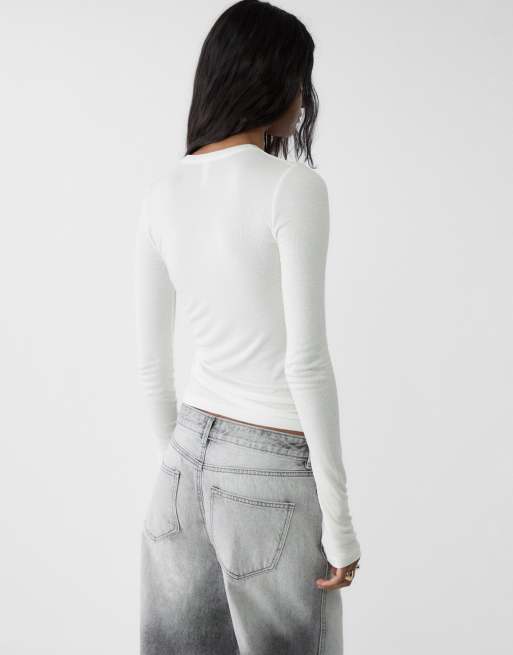 Stradivarius – Naturvit, ribbad t-shirt med långa ärmar, 2 av 4