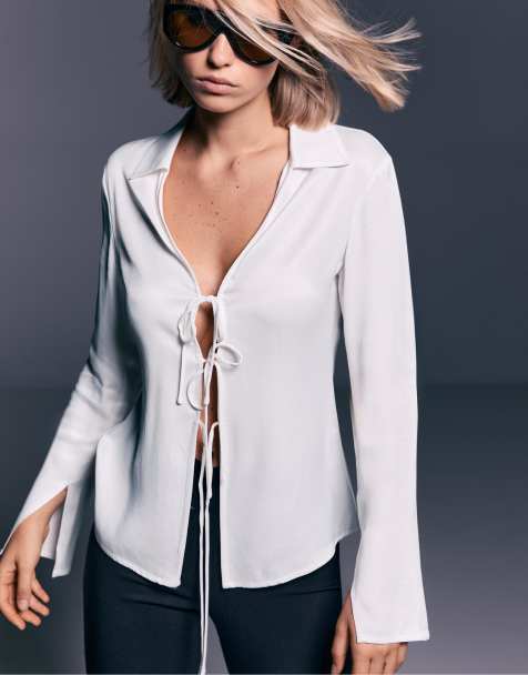 Stradivarius – Naturvit skjorta i satin med rosetter - view 1