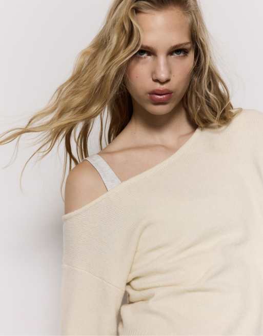 Stradivarius – Naturvit, stickad tröja med asymmetrisk design, 4 av 7