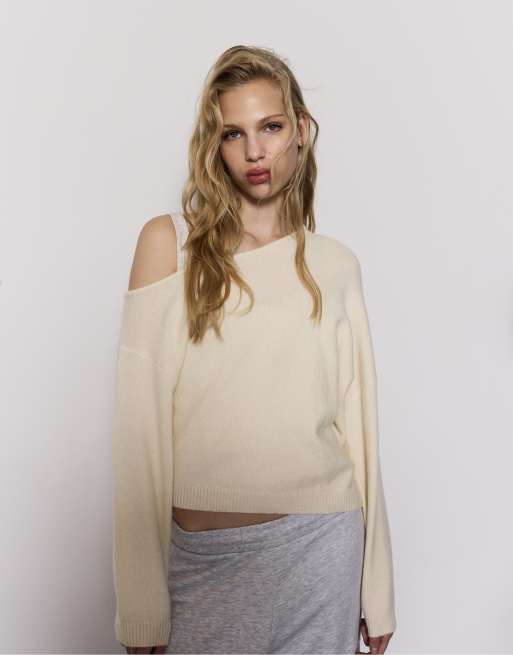 Stradivarius – Naturvit, stickad tröja med asymmetrisk design, 5 av 7