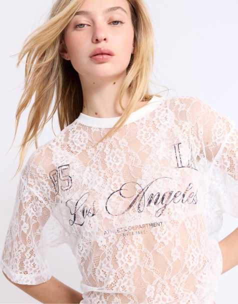 Stradivarius – Naturvit t-shirt i oversize och spets med grafiskt tryck - view 1