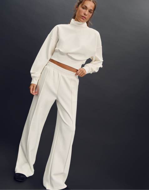 Stradivarius – Naturvita joggers med dubbelstickade detaljer i jersey - view 1