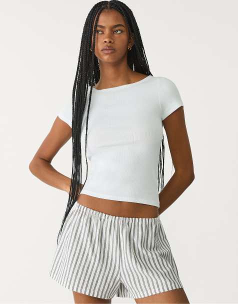 Stradivarius – Naturvita, randiga shorts i linnemix - view 1