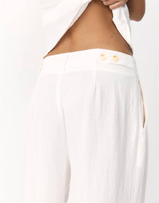 Stradivarius – Naturvita, rustika byxor med vida ben och justerbara knappar, 4 av 4