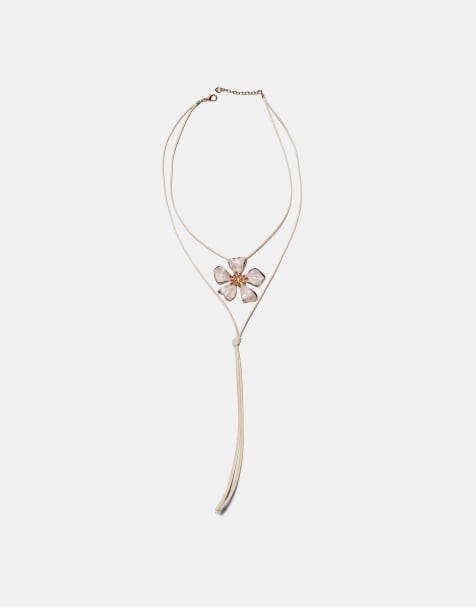 Stradivarius – Naturvitt snörhalsband med blomhänge - view 1