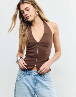 Stradivarius - Neckholder-Oberteil aus Bengaline in Braun-Brown