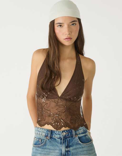 Stradivarius – Neckholder-Oberteil in Braun mit Strassverzierung und Stickerei