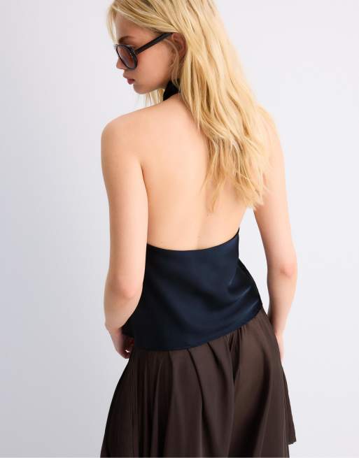 Stradivarius – Neckholder-Oberteil in dunkelblauer Satinoptik, 3 von 4