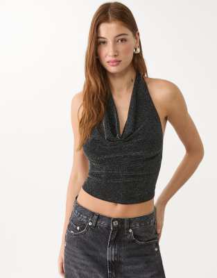 Stradivarius - Neckholder-Oberteil in glitzerndem Schwarz