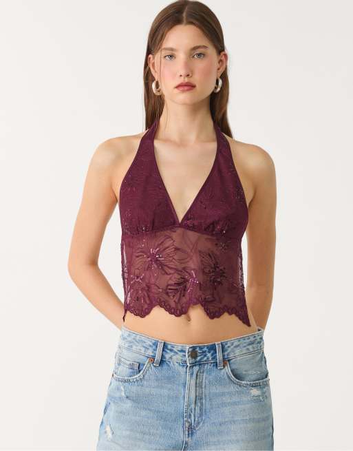 Stradivarius – Neckholder-Oberteil in Lila mit Strassverzierung und Stickerei