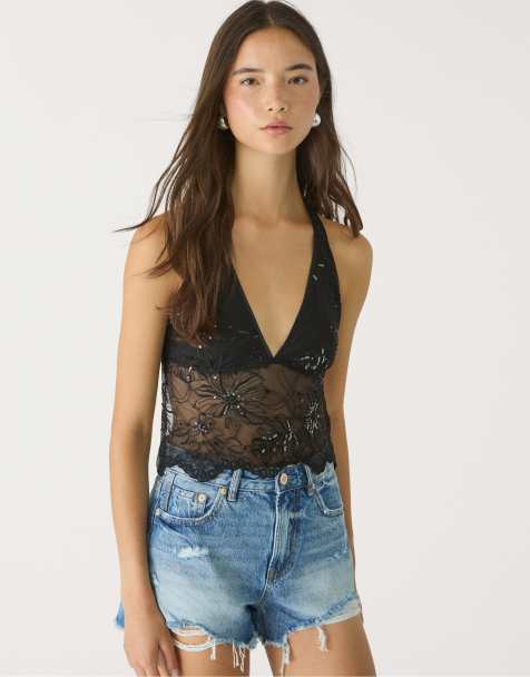 Stradivarius – Neckholder-Oberteil in Schwarz mit Strassverzierung und Stickerei - view 1