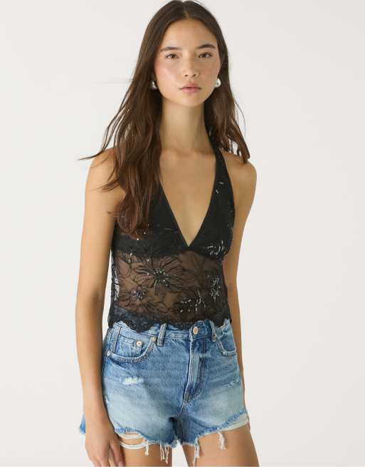 Stradivarius – Neckholder-Oberteil in Schwarz mit Strassverzierung und Stickerei