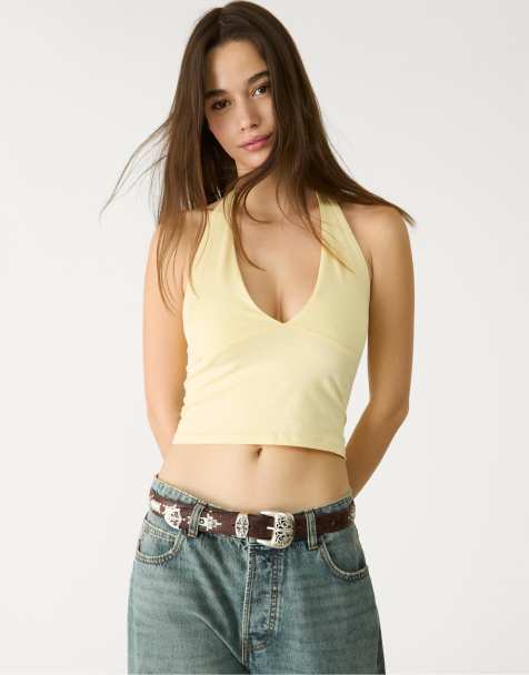 Stradivarius – Neckholder-Top in Pastellgelb mit V-Ausschnitt - view 1