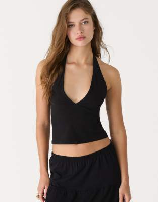 Stradivarius - Neckholder-Top in Schwarz mit V-Ausschnitt