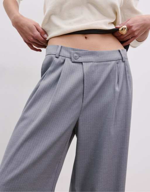 Stradivarius - Nette broek met gekruiste tailleband in donkergrijze strepen, 4 van 4