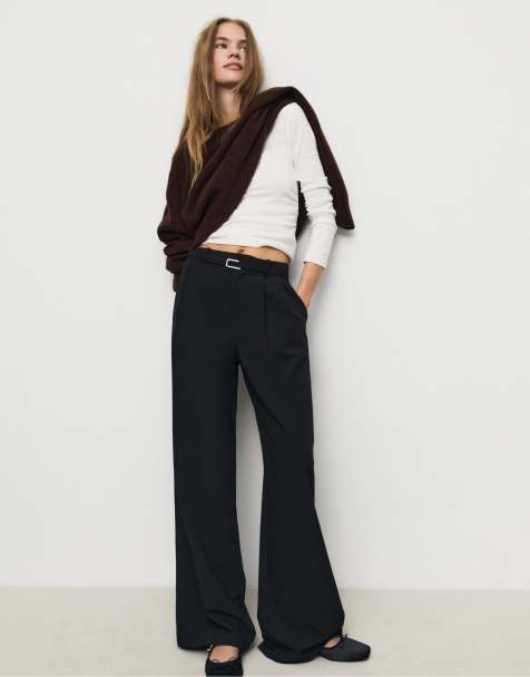 Stradivarius - Nette broek met wijde pijpen en gespdetail in zwart - view 1