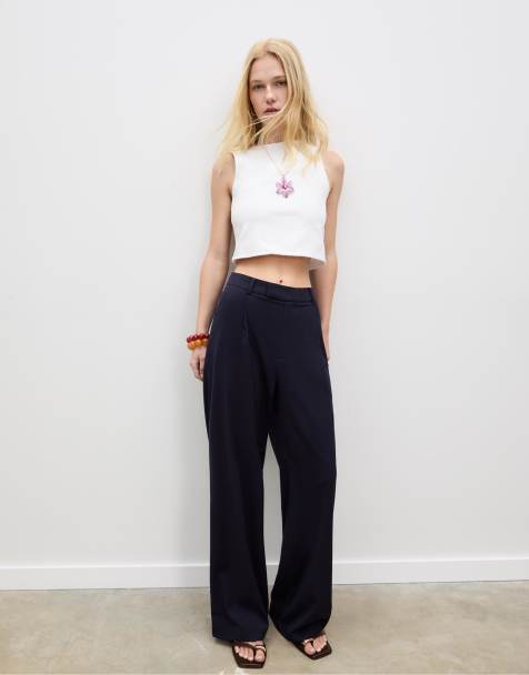 Stradivarius - Nette broek met wijde pijpen in marineblauw - view 1