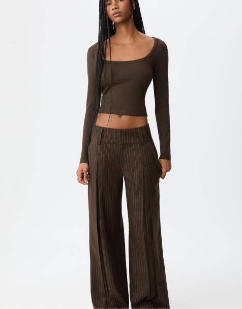 Stradivarius - Nette gestreepte broek met tailleband in bruin - view 1