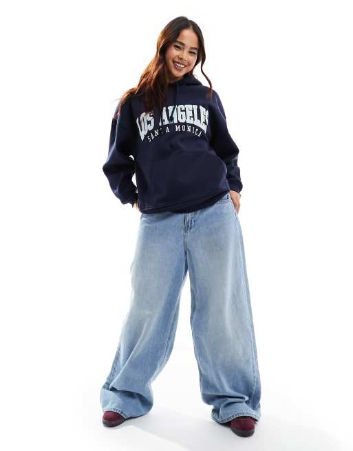 Stradivarius – Niebieska bluza oversize z kapturem i napisem „Los Angeles” 