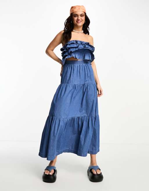 Stradivarius – Niebieska, warstwowa spódnica jeansowa maxi, część zestawu